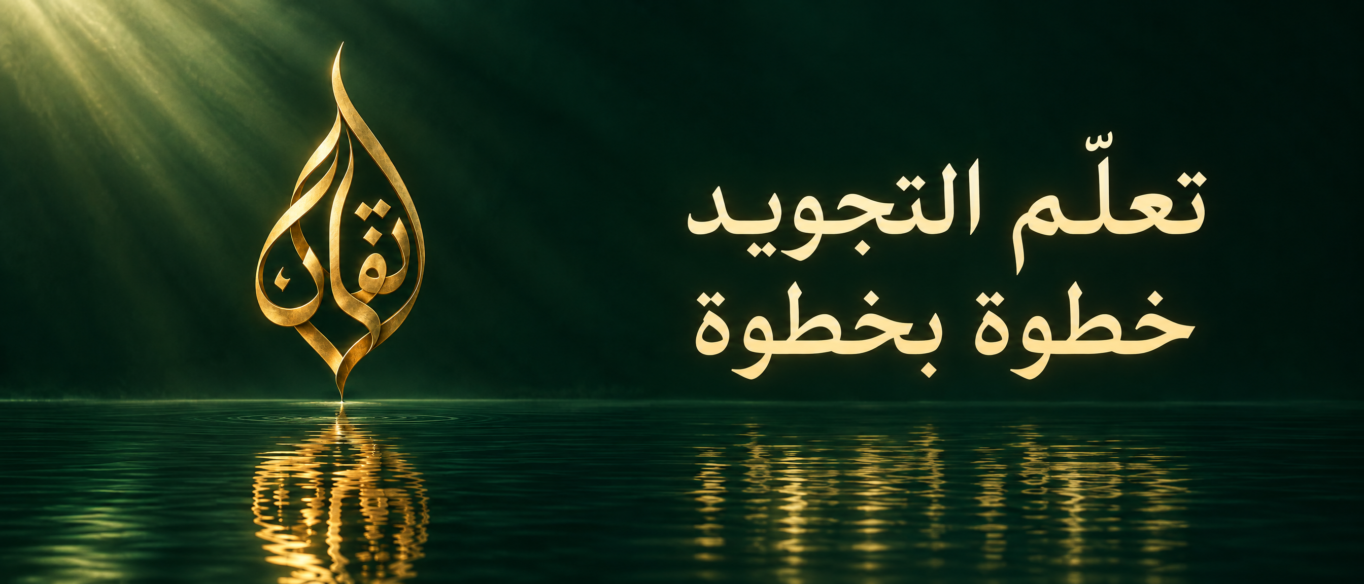 شعار إتقان بالخط العربي الذهبي، وانعكاسه على الماء تحت شعاع من الضوء